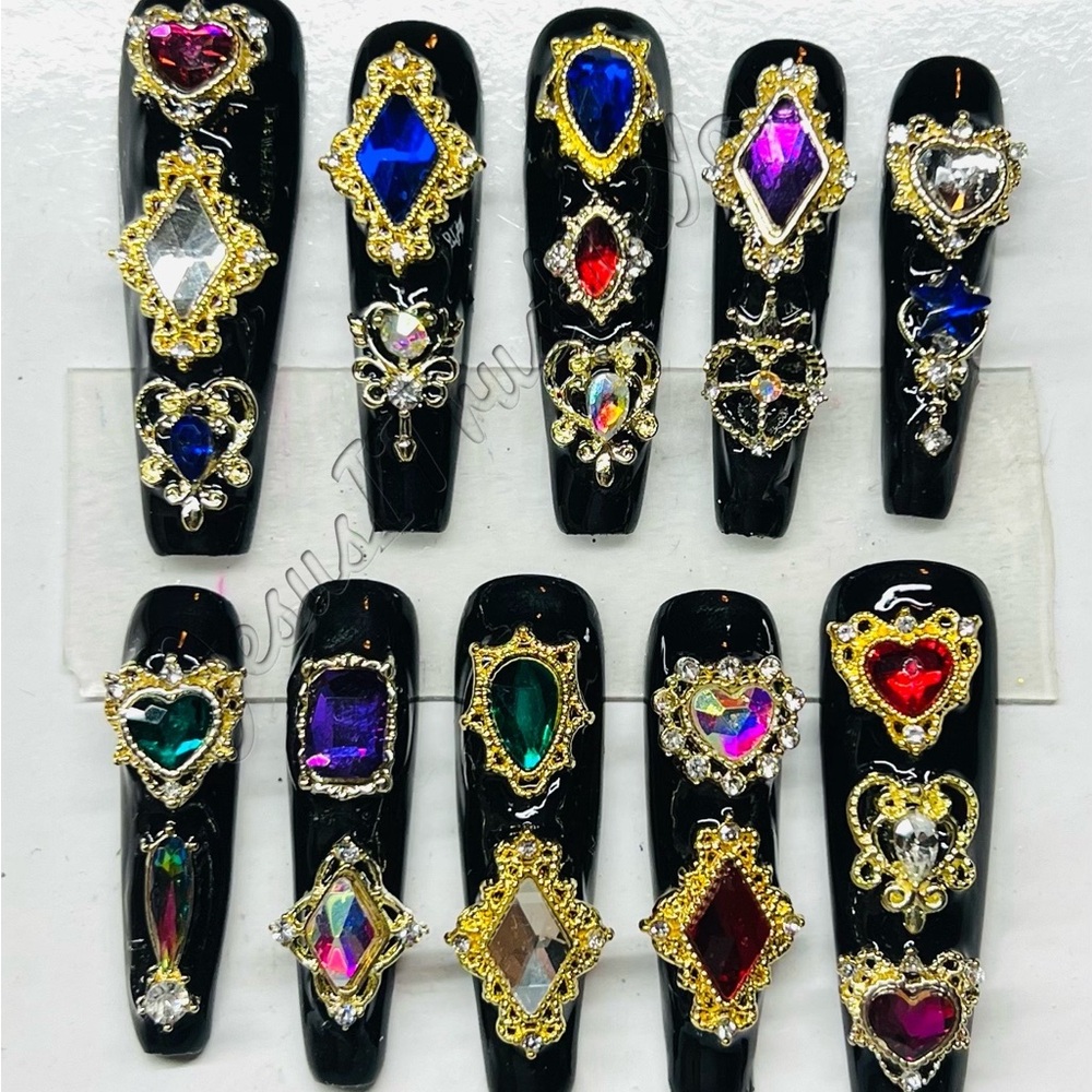 Elegant Black and Gold Gemstone Nail Jewelry Set 2X Ballerina